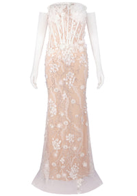 Reviancy Strapless Floral Lace Sequin Maxi Dress In White