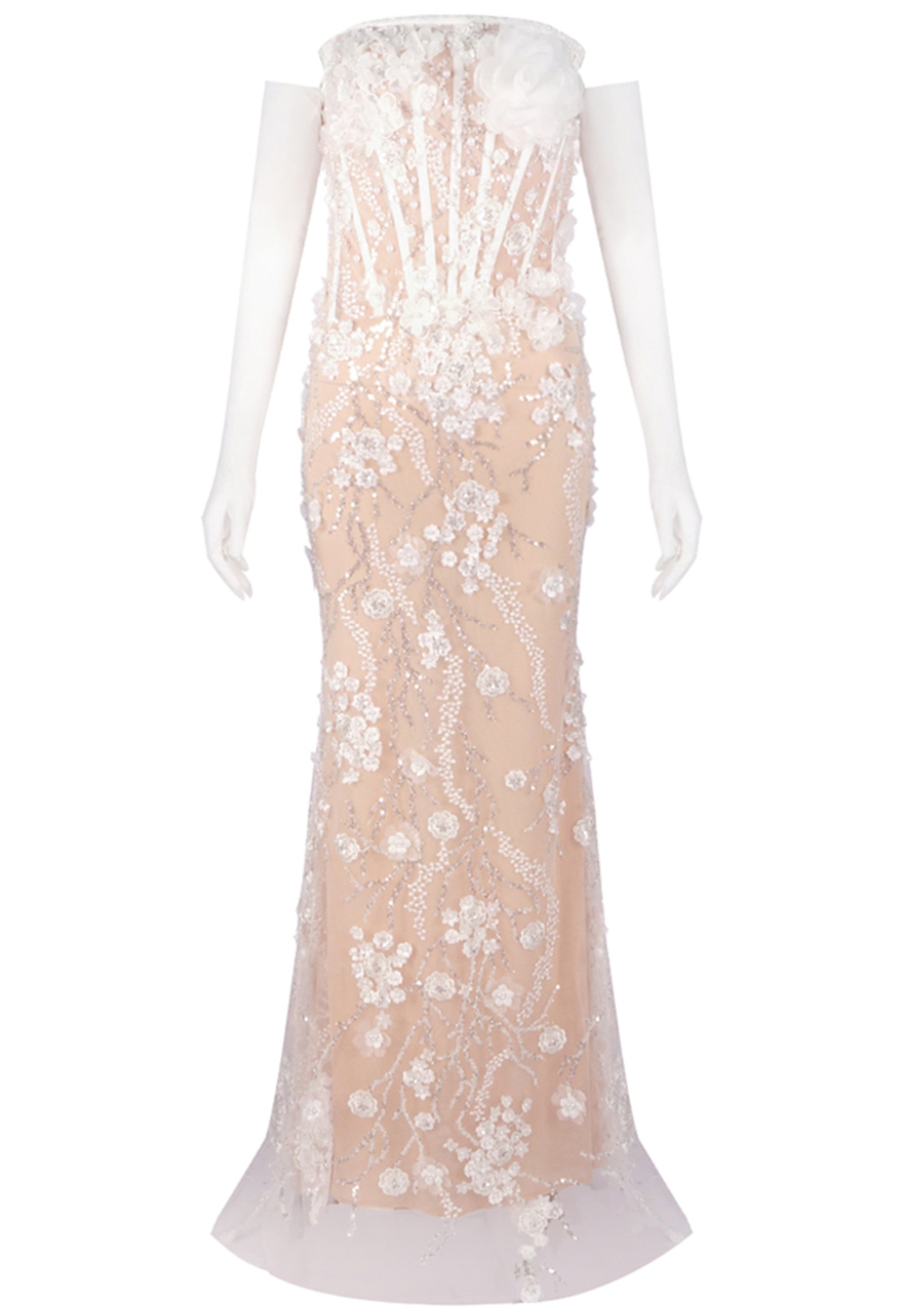 Reviancy Strapless Floral Lace Sequin Maxi Dress In White