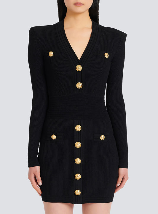 Sable Black Short Knitted Mini Dress With Gold Buttons