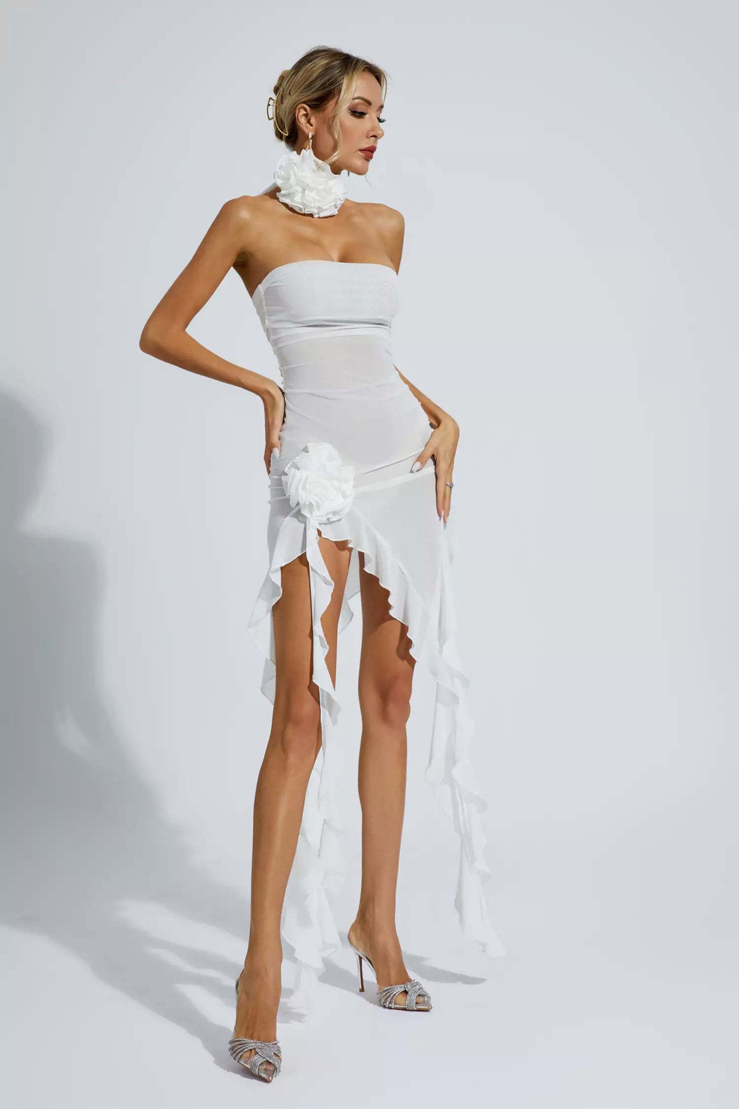 Conzy Ruffle Rosette Mesh Midi Dress In White