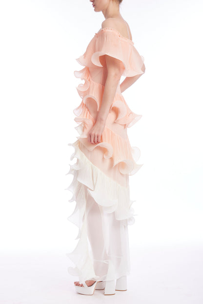 Gawain Peach Multi Ombre Off-Shoulder Pleated Organza Maxi Dress