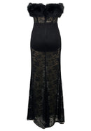 Bahula Strapless Fur Structured Lace Maxi Dress In Black