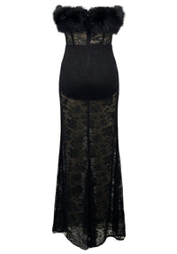 Bahula Strapless Fur Structured Lace Maxi Dress In Black