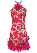 Raziya Halter Floral Embroidered Mini Dress In Hot Pink
