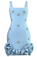 Isobaria Crystal Detail Floral Puff Hem Mini Dress In Blue