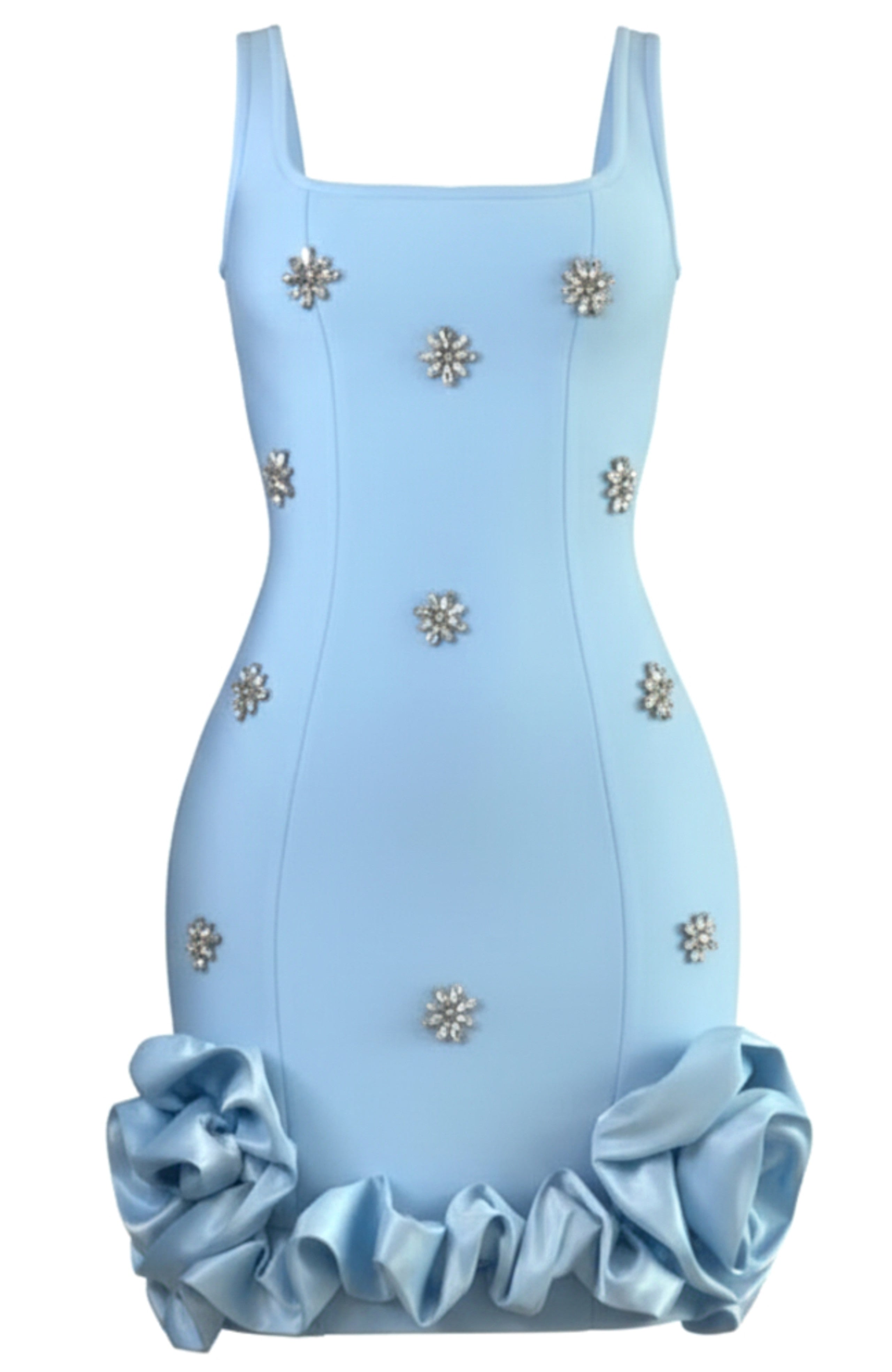 Isobaria Crystal Detail Floral Puff Hem Mini Dress In Blue