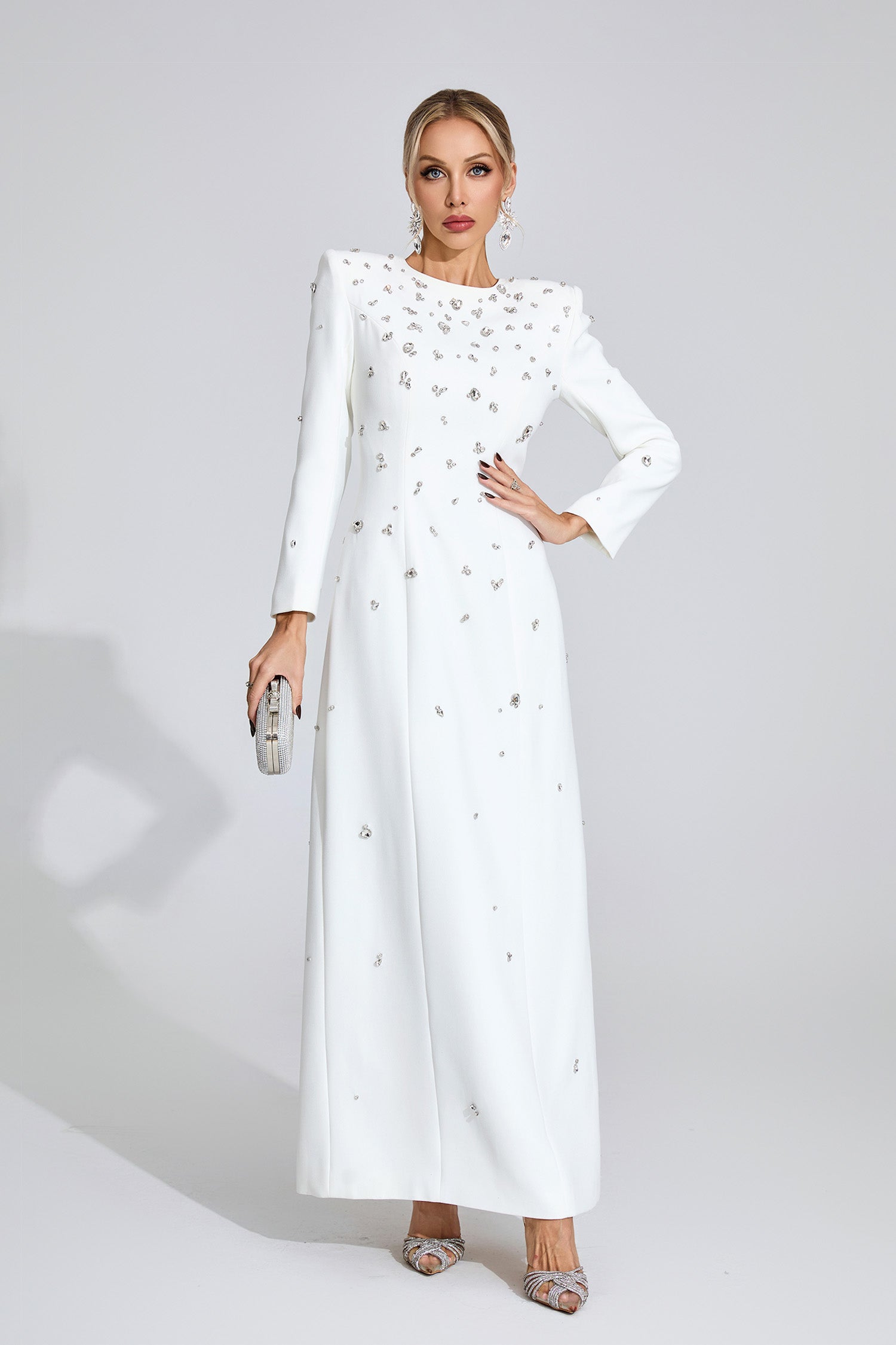 Bethel Long Sleeve Crystal A Line Maxi Dress In White S Bethel Long Sleeve Crystal A Line Maxi Dress In White S