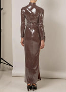 Kalindi Bow Detail Sequin Maxi Dress In Brown