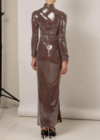 Kalindi Bow Detail Sequin Maxi Dress In Brown