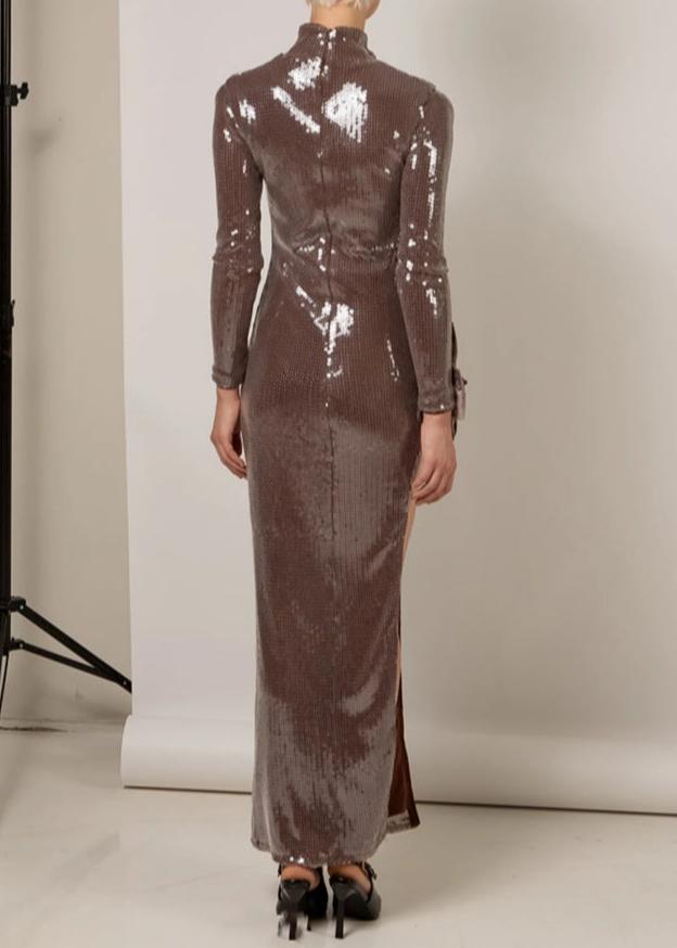 Kalindi Bow Detail Sequin Maxi Dress In Brown