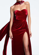 Arythix Velvet Flower Maxi Dress In Red