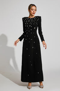 Bethel Long Sleeve Crystal A Line Maxi Dress In Black