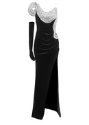 Ixelra Strapless Wave Crystal Velvet Maxi Dress