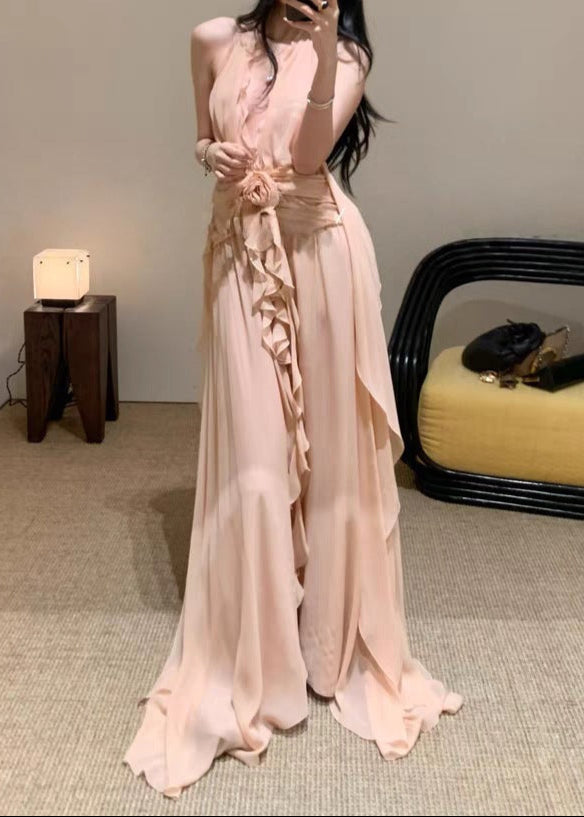 Cyvrix Floral Ruffle Halter Maxi Dress In Pink