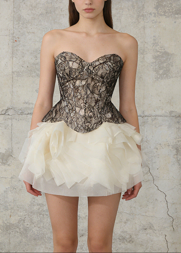 Xyrona Strapless Lace Corset Ruffle Two Piece Mini Dress