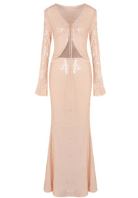 Damla Long Sleeve Sequin Two Piece Maxi Dress In Ivory