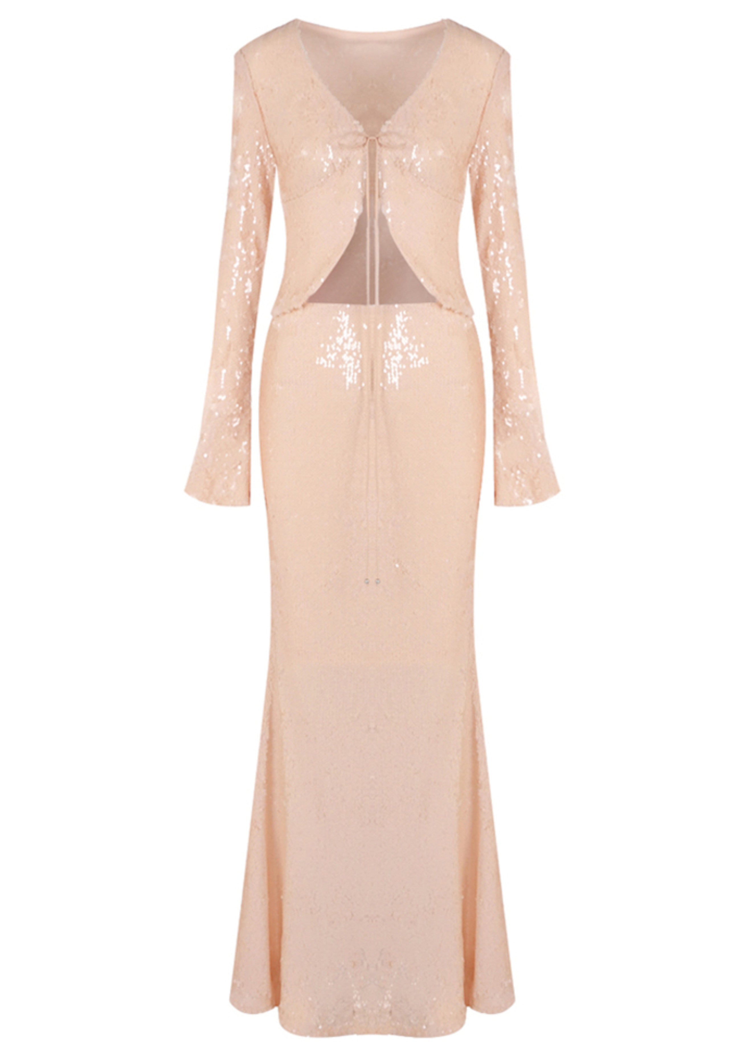 Damla Long Sleeve Sequin Two Piece Maxi Dress In Ivory