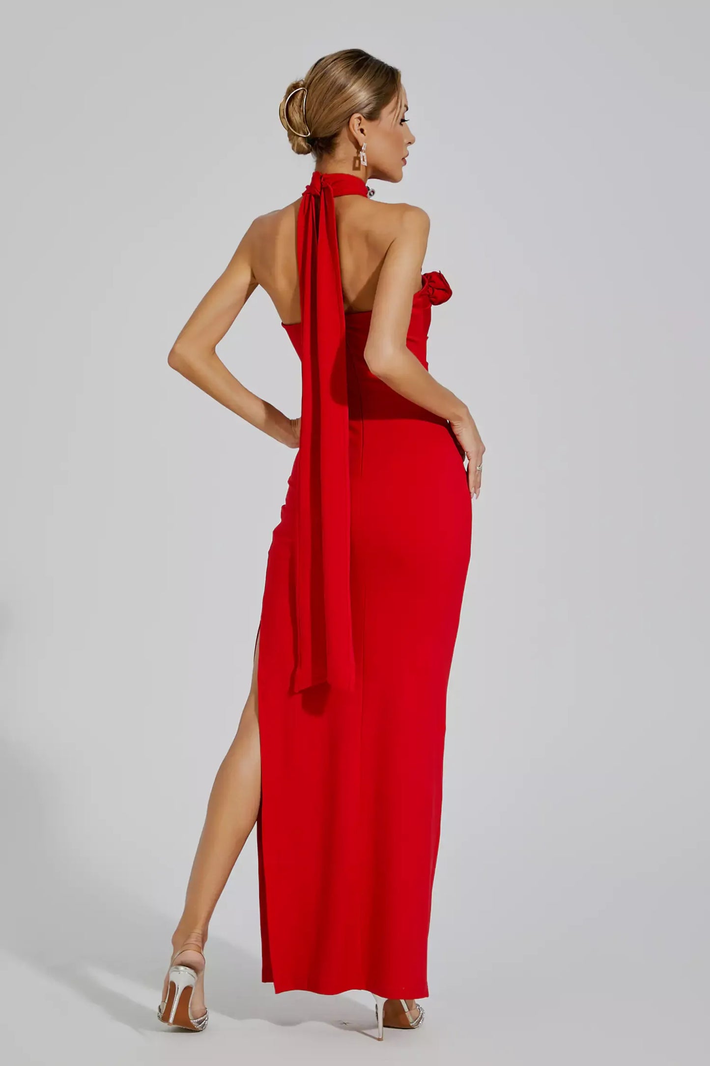 Dalary Red Floral Ruched Halter Maxi Dress