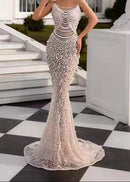 Catlin Strapless Pearl Deep V Neck See-through Mesh Maxi Dress