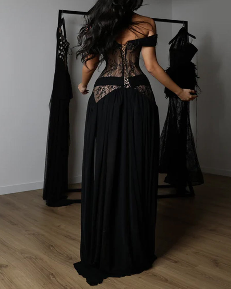 Koryden Off Shoulder Lace Split Maxi Dress