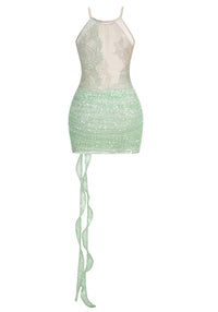 Masumi Lace Floral Sequin Mini Dress In Green