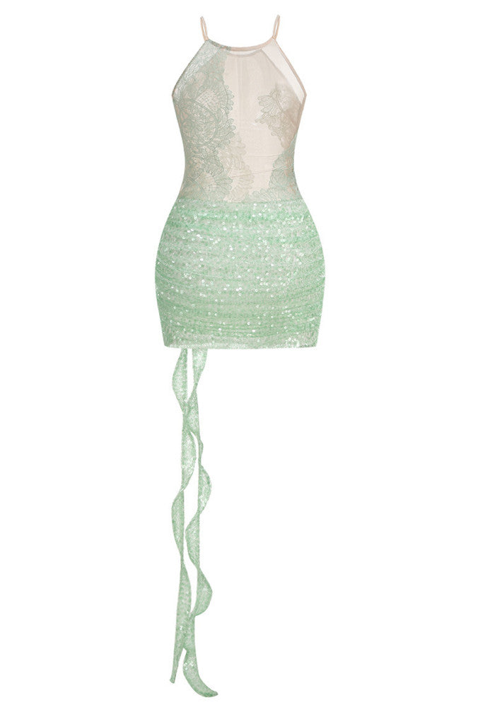 Masumi Lace Floral Sequin Mini Dress In Green