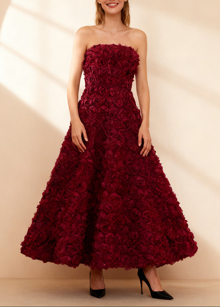 Ionocraft Strapless Floral A Line Midi Dress In Red