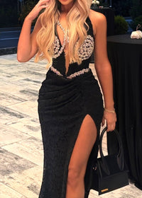 Arlen Halter Crystal Bustier Lace Maxi Dress In Black