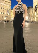 Ronica Halter Crystal Mermaid Maxi Dress In Black
