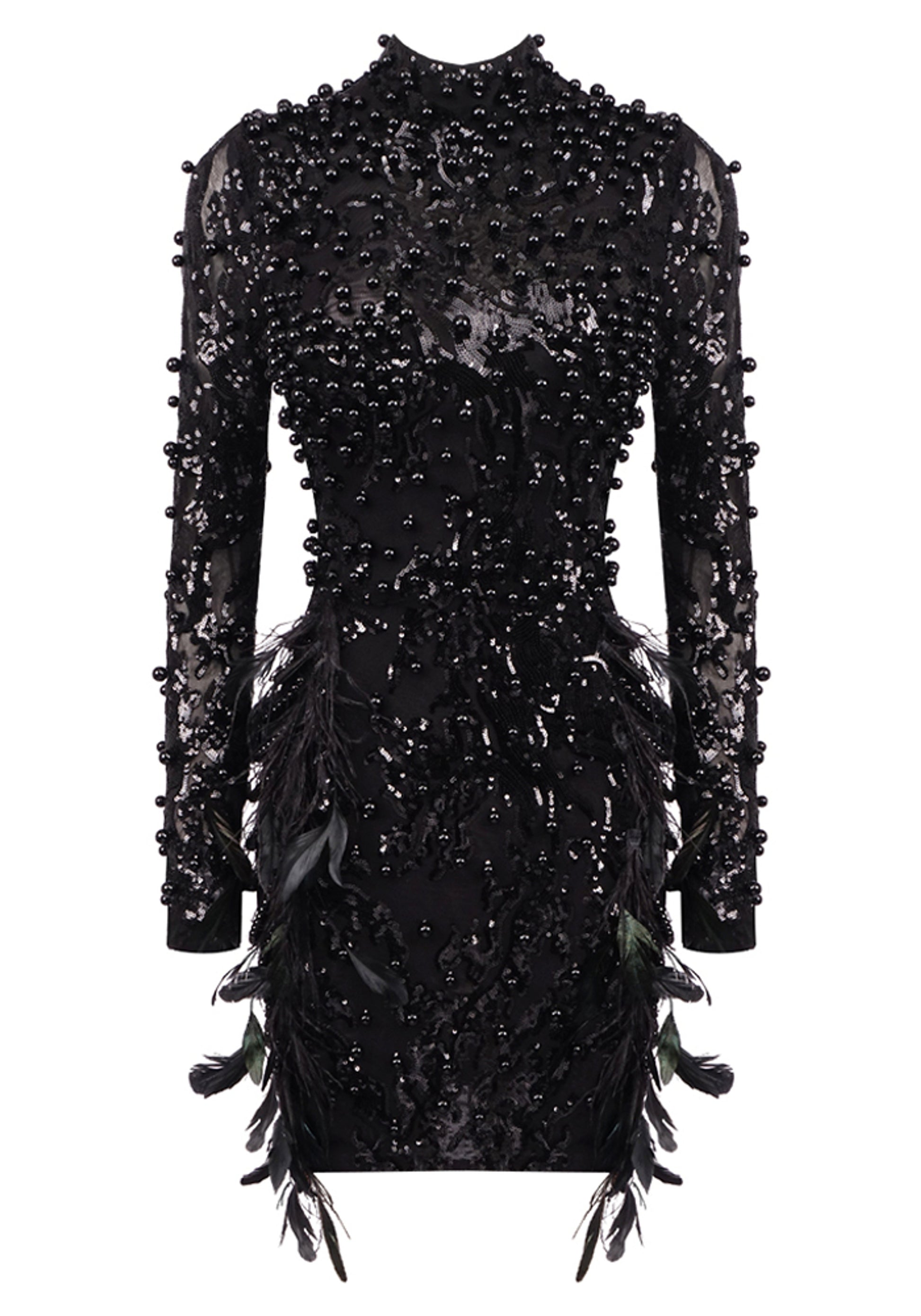 Arnell Long Sleeve Feather Sequin Mini Dress In Black