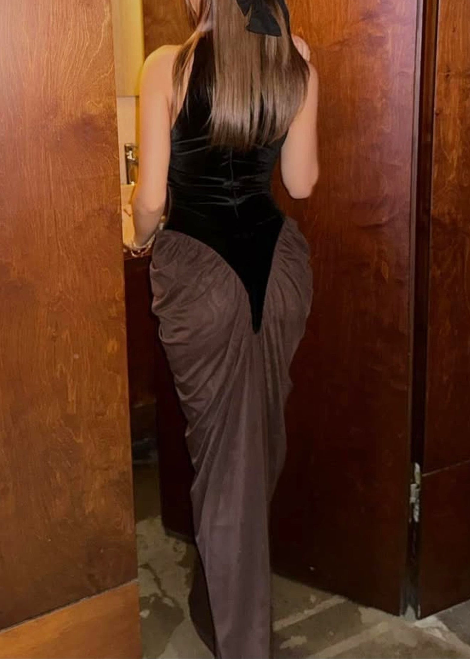 Aithley Halter Draped Maxi Velvet Dress In Black Brown