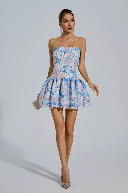 Fritia Floral Ruched Strapless Mini Dress In Blue