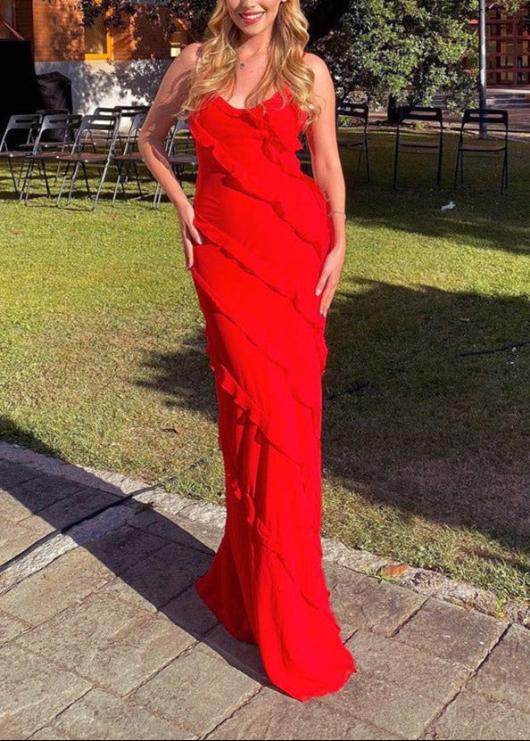 Kafele Wavy Slit Maxi Dress In Red