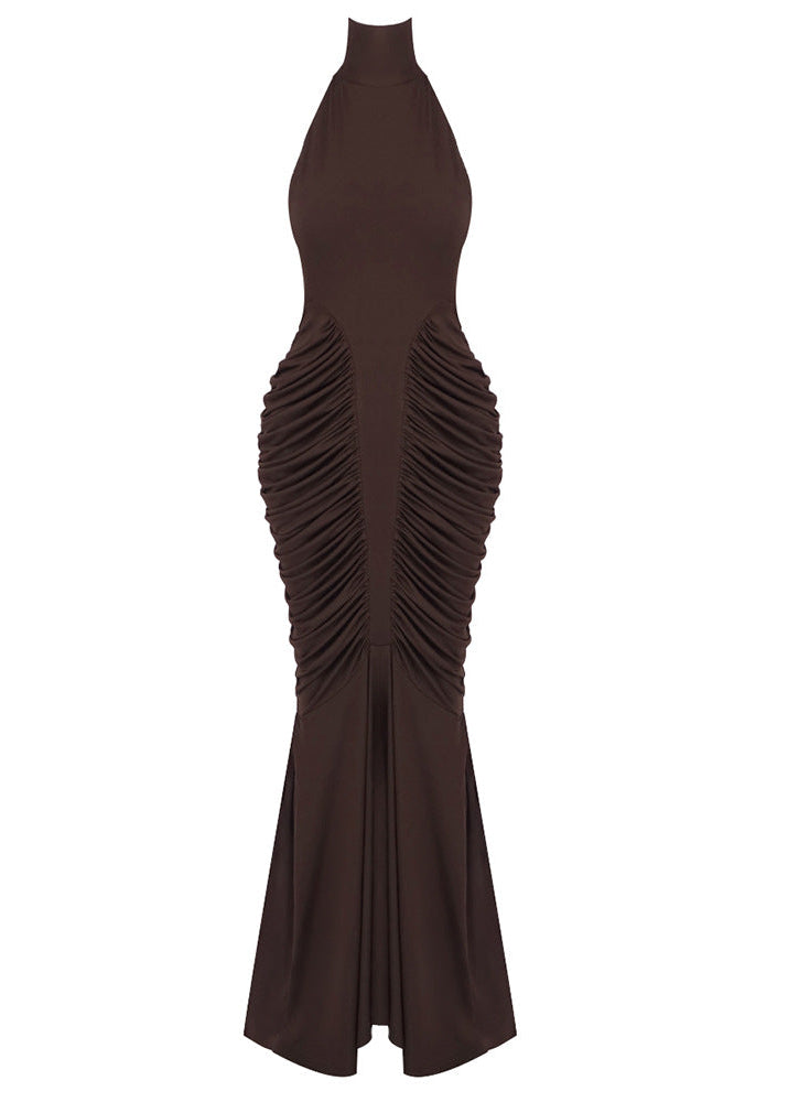 Ooyu Halter Draped Backless Maxi Dress In Brown