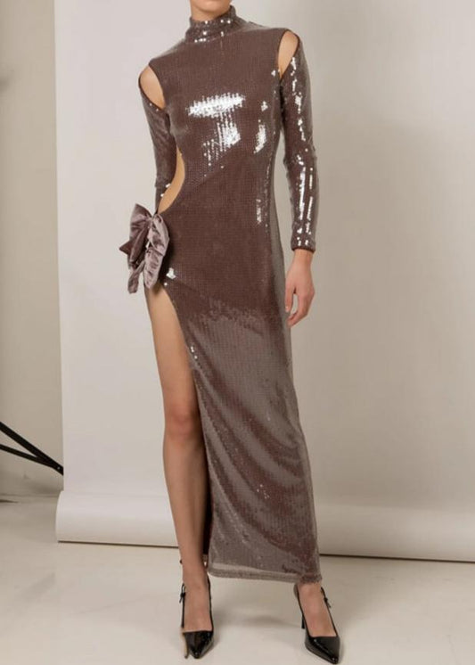 Kalindi Bow Detail Sequin Maxi Dress In Brown