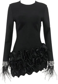 Ainara Crystal Feather Long Sleeve Ruffle Detail Mini Dress In Black