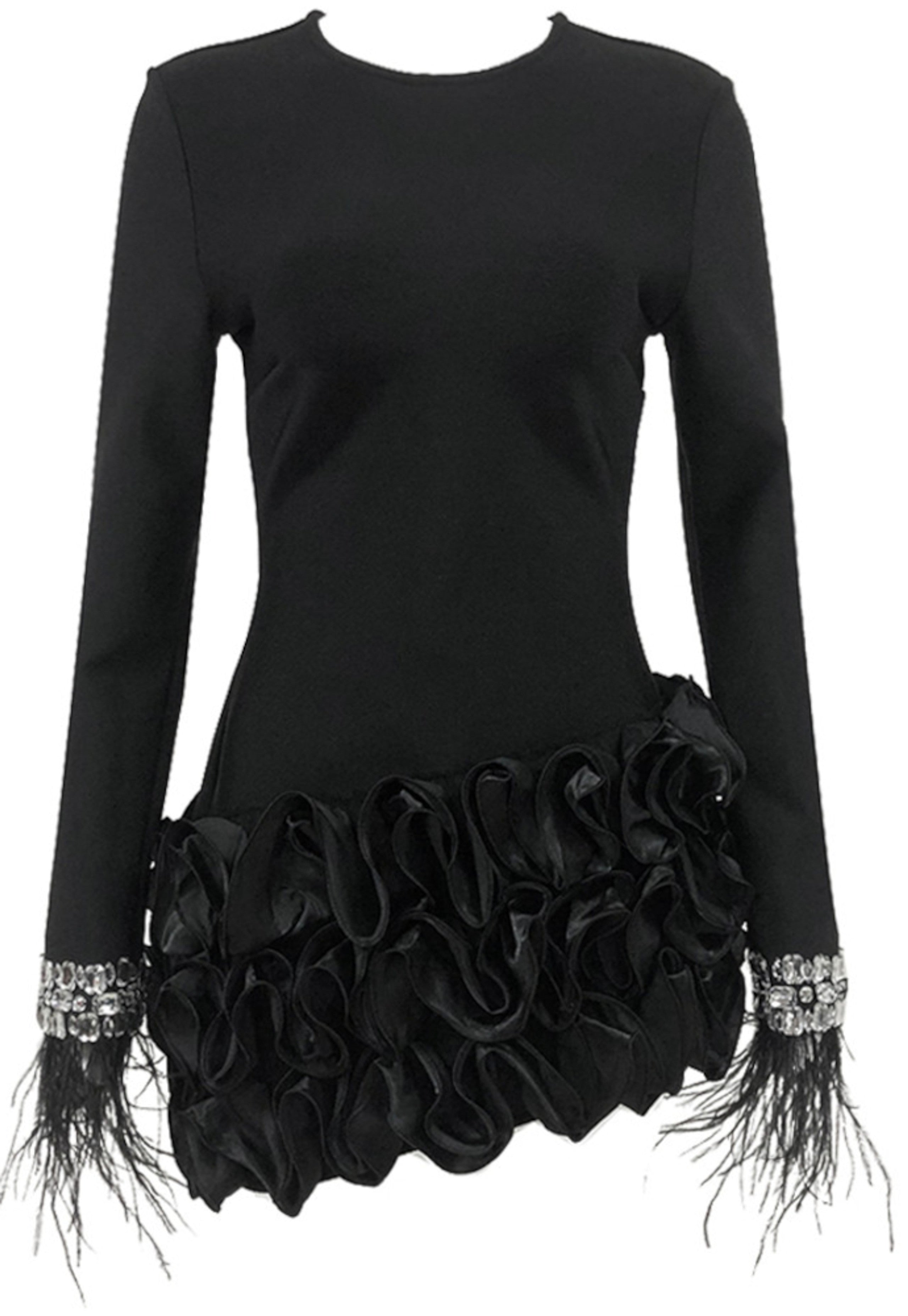 Ainara Crystal Feather Long Sleeve Ruffle Detail Mini Dress In Black