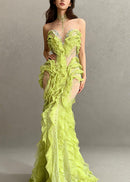 Elvynx High Neck Rhinestone Ruffle Maxi Dress
