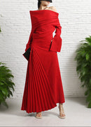 Zephyrine Red Pleated Maxi Dress with High Slit
