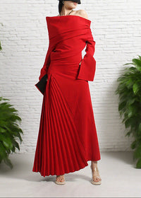 Zephyrine Red Pleated Maxi Dress with High Slit
