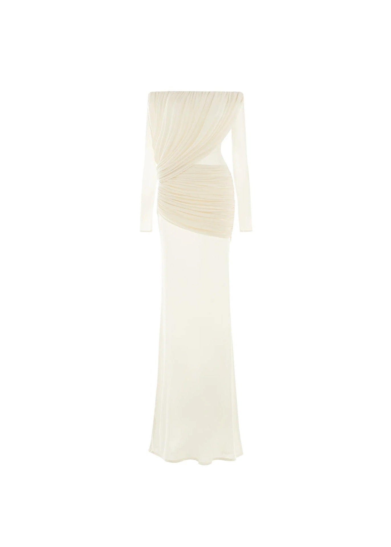 Cryxel Off-Shoulder Draped Mesh Maxi Dress In White