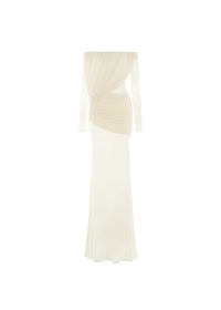 Cryxel Off-Shoulder Draped Mesh Maxi Dress In White