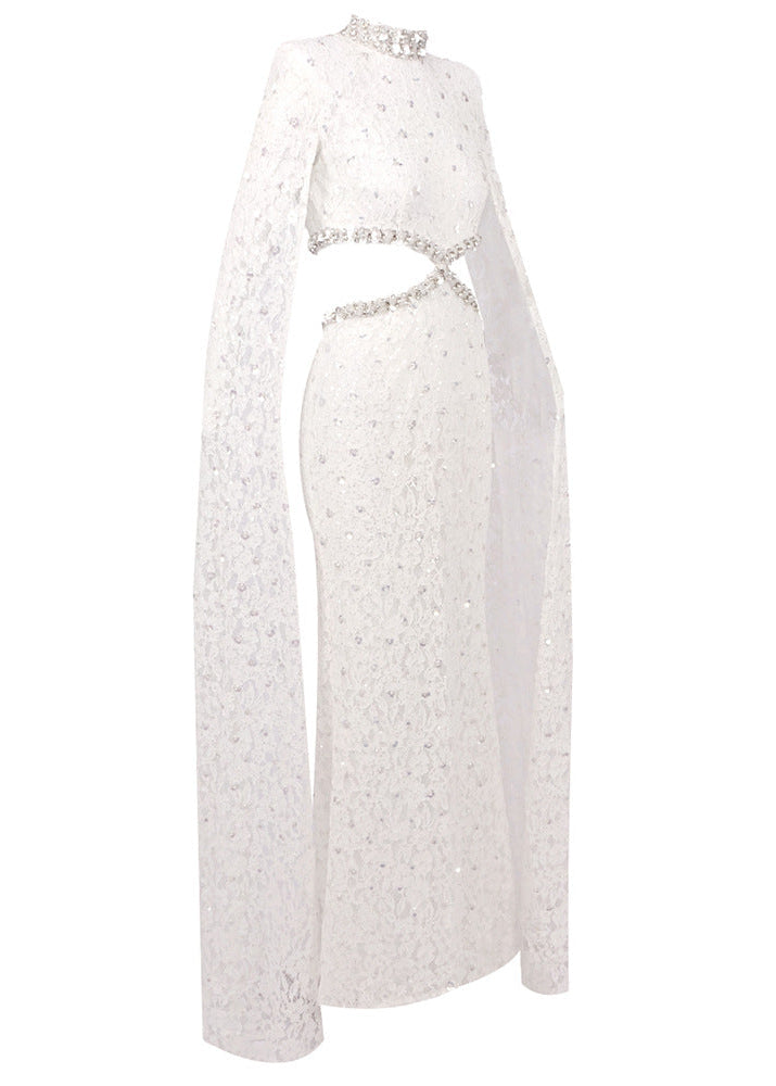 Olujimi Cape Sleeve Crystal Lace Maxi Dress