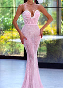 Adriel Strapless Crystal Bustier Sequin Maxi Dress In Pink