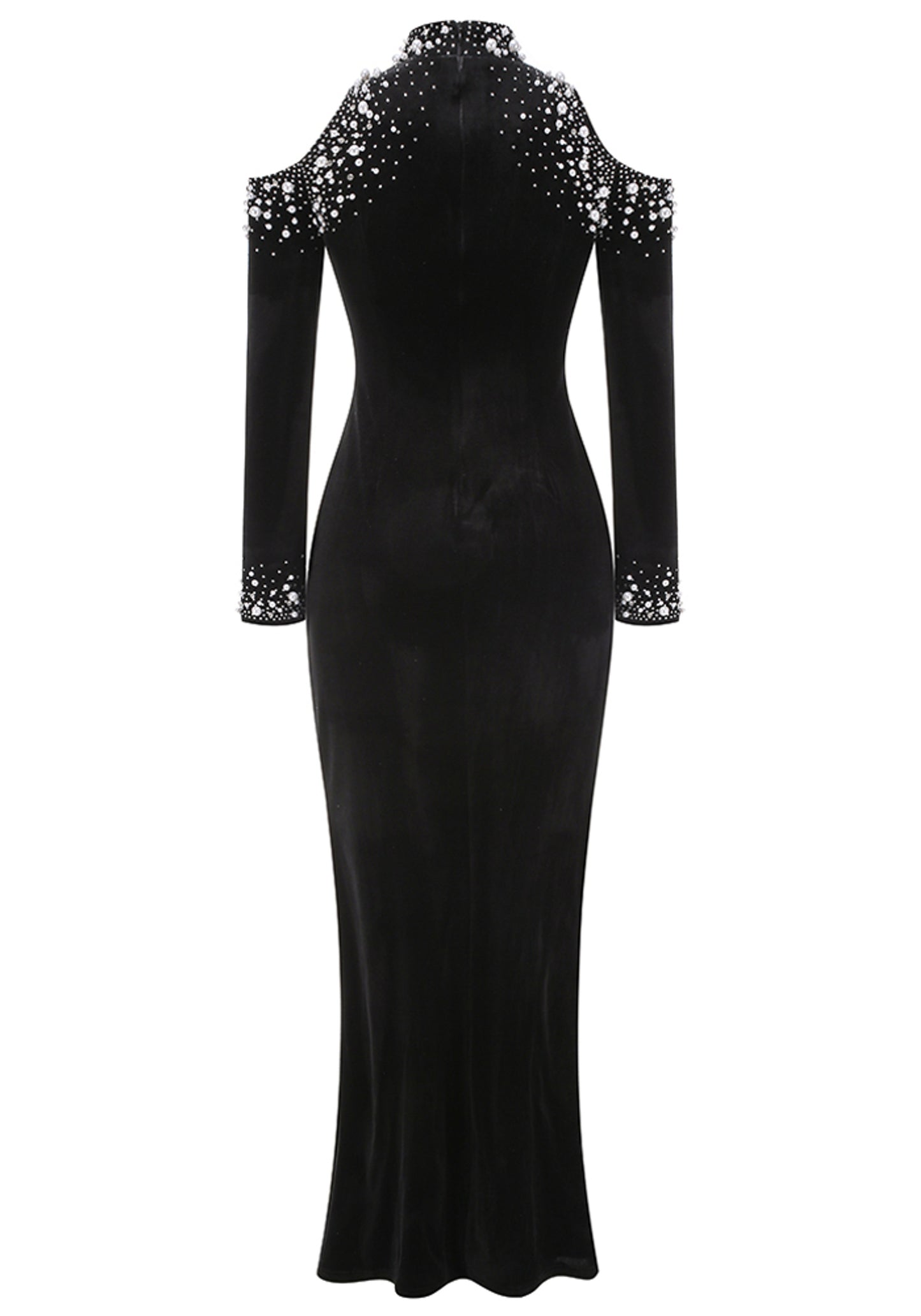 Bly Long Sleeve Pearl Crystal Maxi Velvet Dress In Black