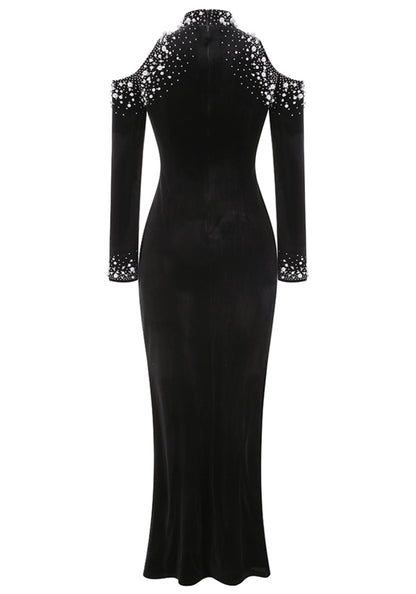 Bly Long Sleeve Pearl Crystal Maxi Velvet Dress In Black