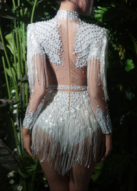 Paniz Rhinestone Fringe Bodysuit In Silver