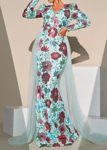 Kadience Long Sleeve Floral Print Sequin Maxi Dress In Green