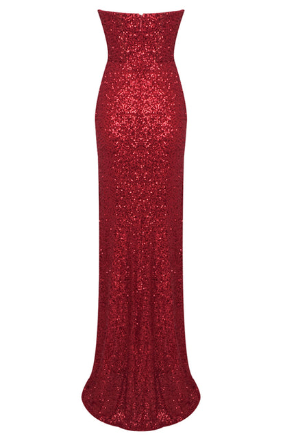 Eored Strapless Crystal Bustier Sequin Maxi Dress In Red