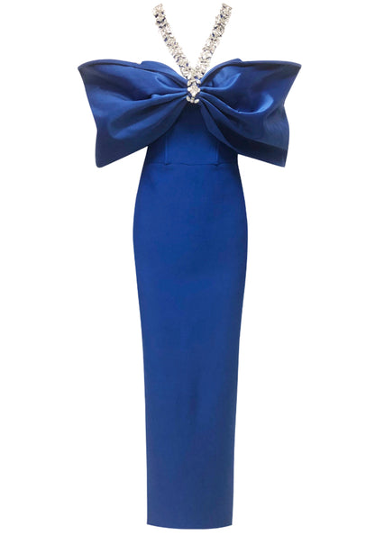 Gexara Halter Crystal Draped Bardot Maxi Dress In Blue